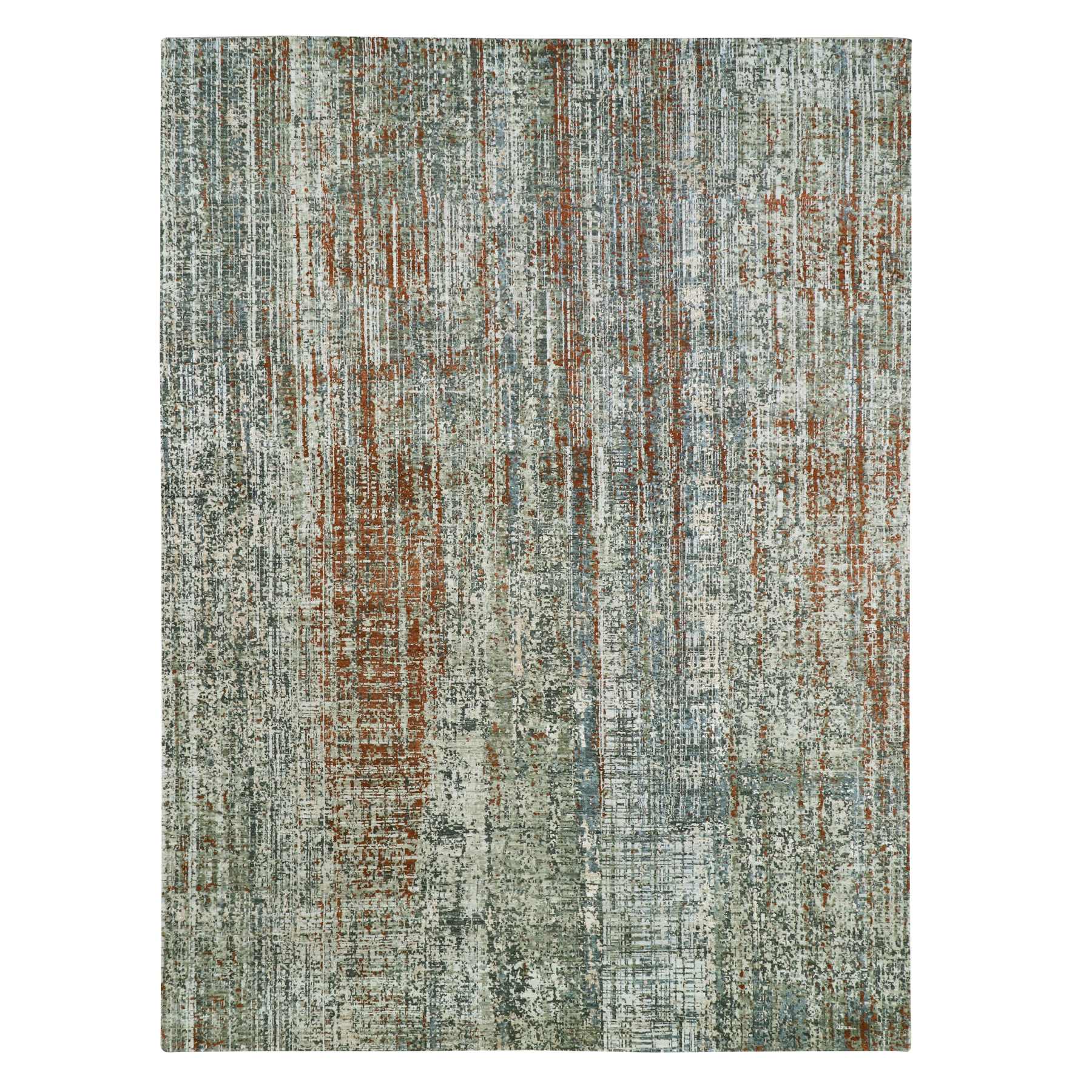 Beige with Rust Red, Persian Knot, Abstract with Galaxy Design, 100% Wool, Hand Knotted, Densely Woven, Oriental Rug